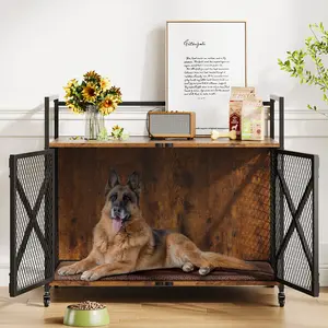 Garvee 41" Heavy Duty Dog Crate Furniture for Dogs up to 100Lbs | Wooden Kennel End Table with Thick Cushion & 360° Lockable Wheels | Double Door Dog Cage with Secure Latches | Modern Farmhouse Pet House for Large Medium Dogs | Vintage Brown