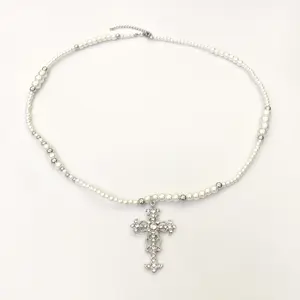 Original jewelry: layered cross and pearl extended necklace, niche light luxury with a high-end feel