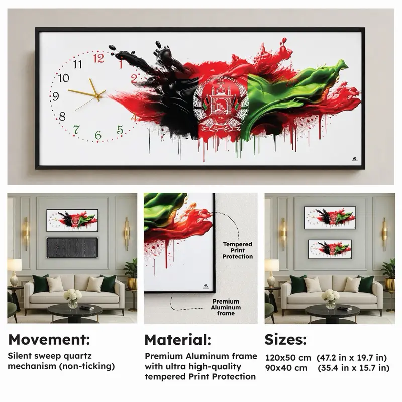 Afghanistan National Flag Wall Clock Crystal Porcelain Aluminum Frame Splash design
