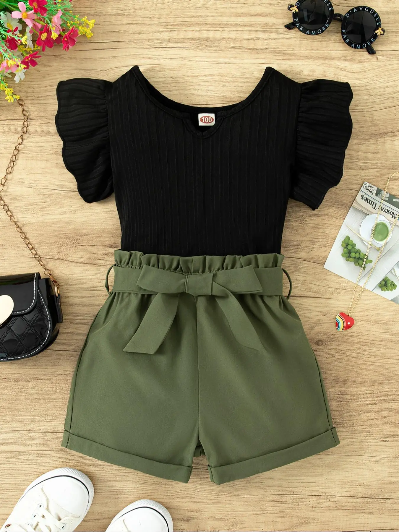 Toddler Girl's Solid Ribbed Top & Shorts with Belt Two-Piece Set, Casual Fashion Round Neck Top & Shorts for Daily Outdoor Wear, Kids Clothing for Sum