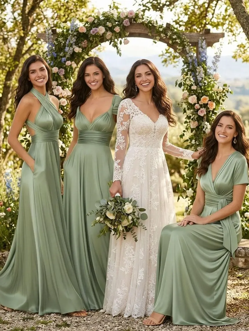 Women's Minimalist Bridesmaid Infinity Dress - Deluxe Stretchy Satin Convertible Maxi Wrap Gown with Pockets, Straps, Plus Size for Bridal Prom Events