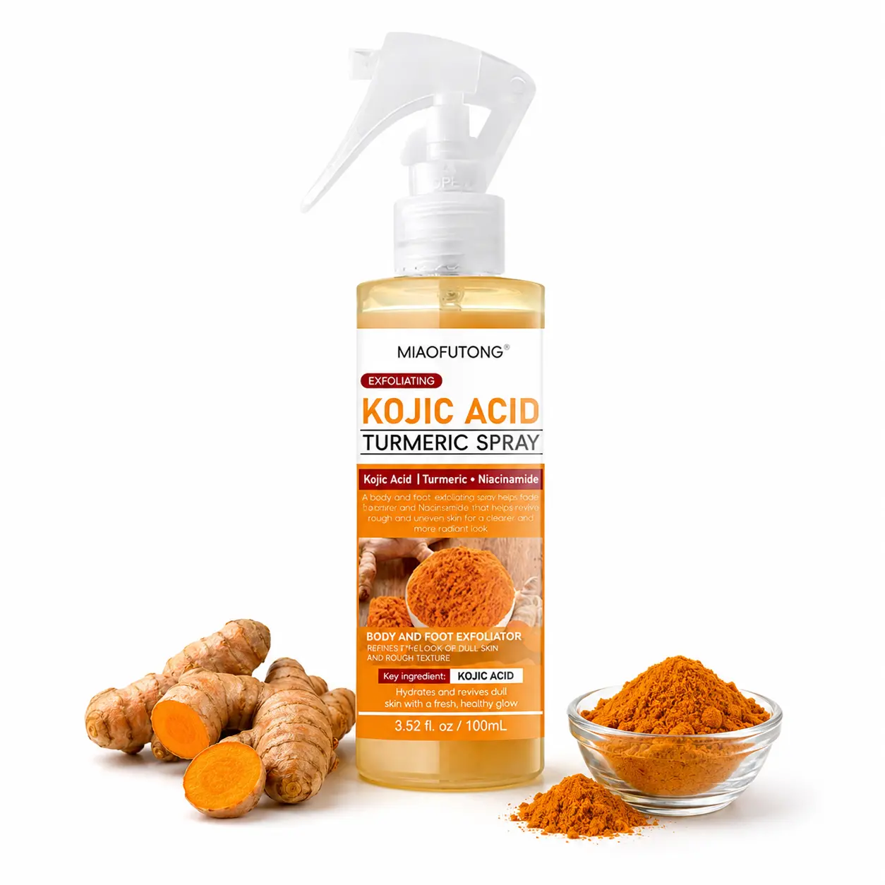2PCS Turmeric Spray 100ml for Body & Feet – Exfoliating Brightening Body Mist with Turmeric, Kojic Acid & Niacinamide, Helps Remove Dead Skin, Smooth Rough Texture, Improve Uneven Skin Tone and Reveal Soft Radiant Skin