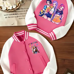Girl Group  Girls Short Baseball Jacket with Cartoon Design, Fitted Activewear for Kids, Elastic Fabric for Fall & Winter, Trendy School Uniform for Halloween