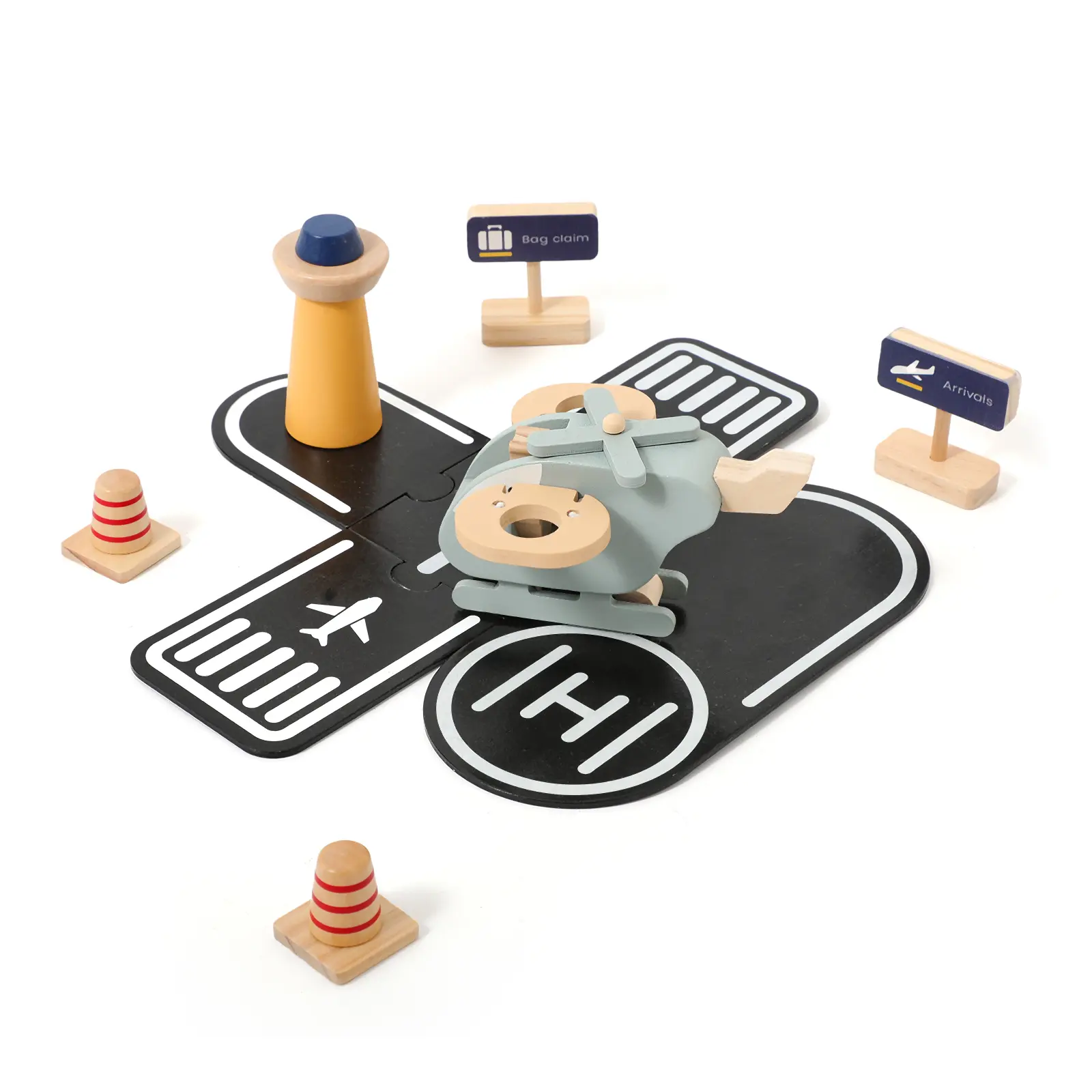 Wooden Airport Toy Set for Kids - Montessori Wooden Construction Educational Aviation Playset with Helicopter, Control Tower, Road Signs, Barriers - Safe Durable Pretend Play Toddler Gift by DealsForYouDays