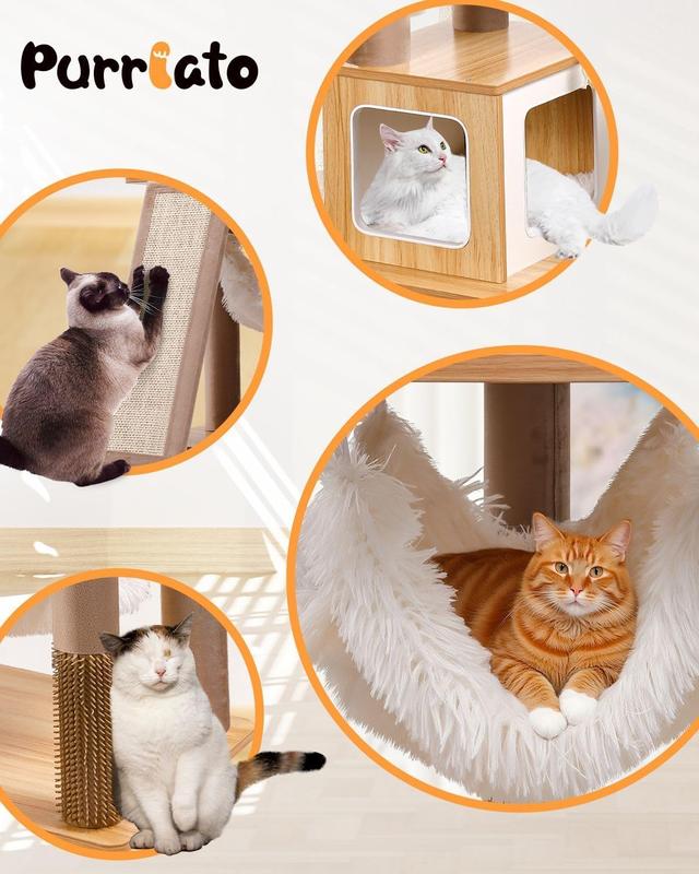 61" Modern Cat Tree Tower for Indoor Cats Luxury Climbing Tower with Plush Lounge Kitty Condos Hammock & Scratching Posts Classic Cat Furniture