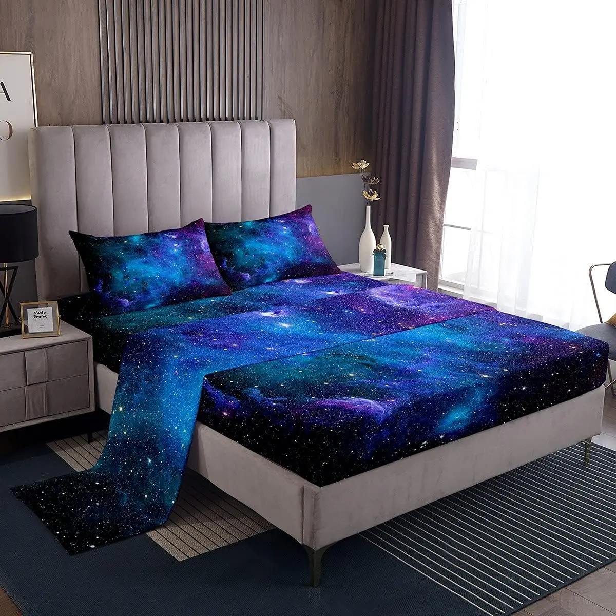 Galaxy Sheet Set,Out Space Bed Sheets Set,Blue Nebula Universe 100% Microfiber Sheets with Deep Pocket Fitted Sheet for Boys Girls Teens, Flat Sheet, Breathable