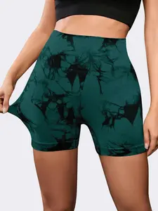 Women's Tie-Dye Print High-Waisted Athletic Shorts Set, Ideal for Yoga & Fitness, Comfortable Design for Active Lifestyle, Stretchable Activewear