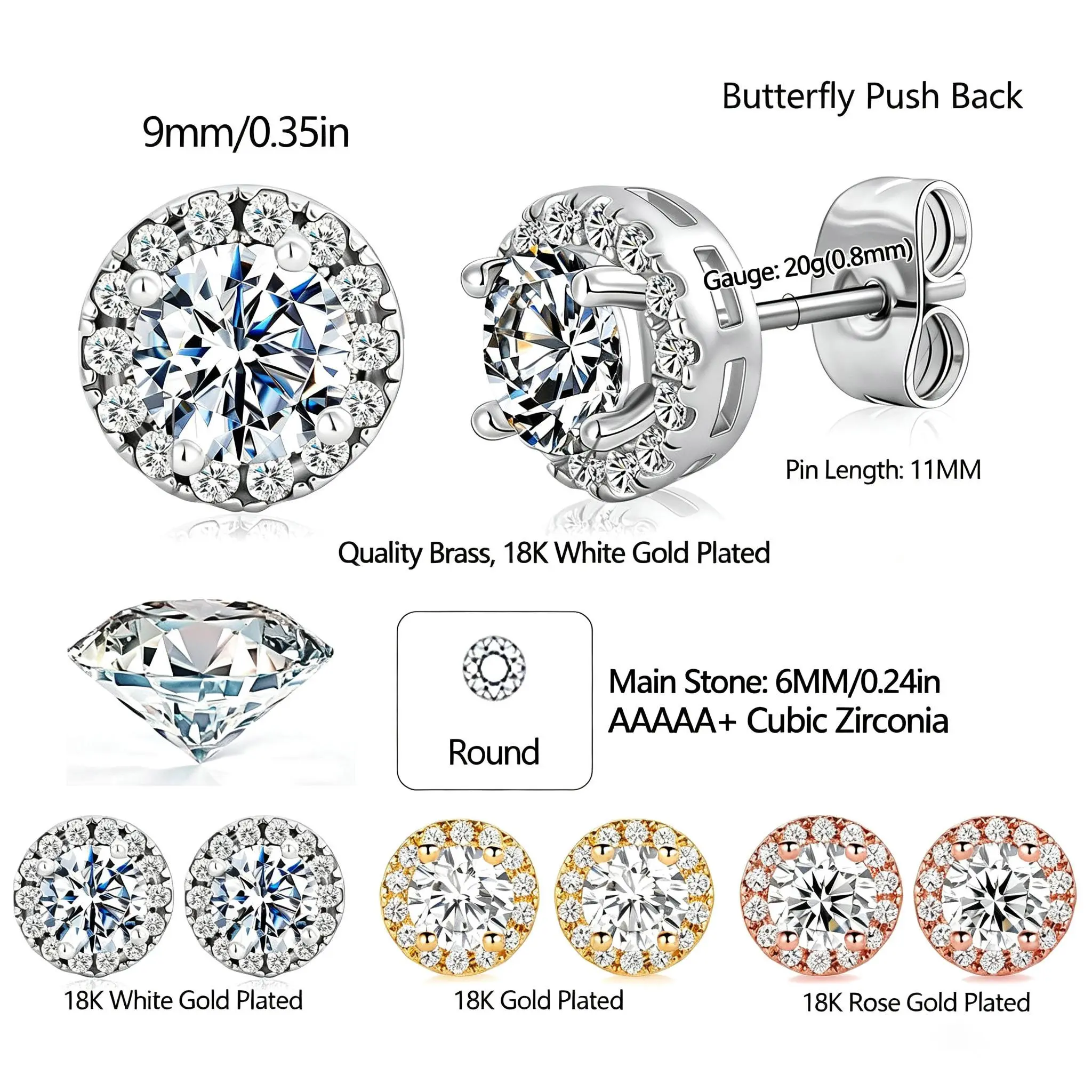 3PCS Earrings Cubic Zirconia Round Earrings Sterling Silver Earrings needles Hypoallergenic Ears Jewelry for Women Men