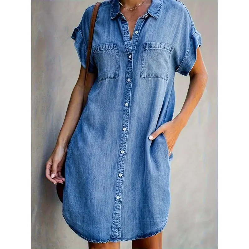 Women's casual denim dress with turn-Collar & button front-A-line  mid-length solid color versatile for spring summer fall, semi-formal &  casual attire, jeans dress, durable fabric - TikTok Shop
