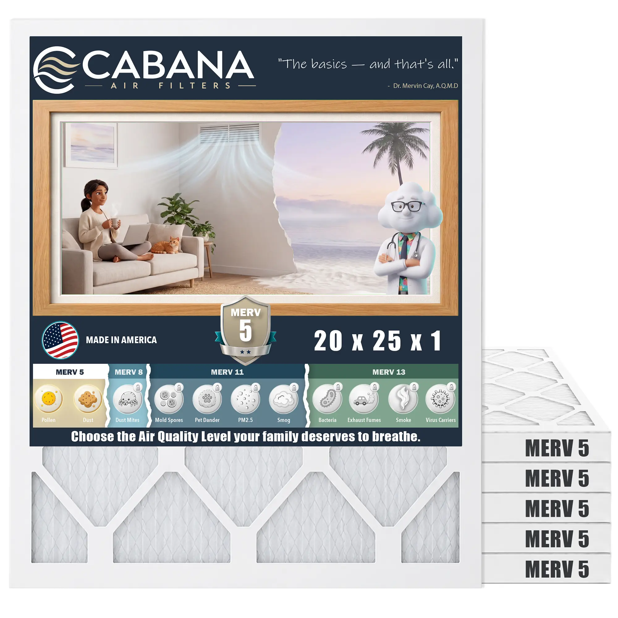 Cabana Air Filters 6 Pack HVAC Furnace Air Filters, MERV 5, 20 x 25 x 1, White