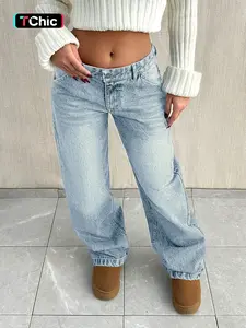 Tall Women's Light Blue Washed Low Rise Loose Wide Leg Jeans, Classic Retro Casual Long Pants for All Seasons, Fitted Style with Natural Waist
