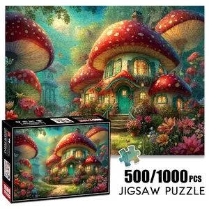 1pc 1000 piece adult puzzle 70x50cm Enchanted Mushroom House in a Flower - Filled Garden 500 pieces paper jigsaw puzzle suitable for DIY creative games for adults and families, birthday and holiday