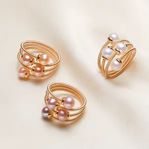 Dainty Freshwater Pearl Wrap Ring /Adjustable/4-Pearl Gold Coil Ring/real pearl ring