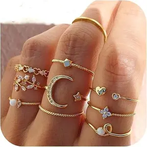 Gold Stackable Rings for Women Teen Girl Gifts Trendy Simple Star Moon Heart Knuckle Ring Set Boho Cute Stuff Gold Ring Pack Jewelry Birthday Gifts