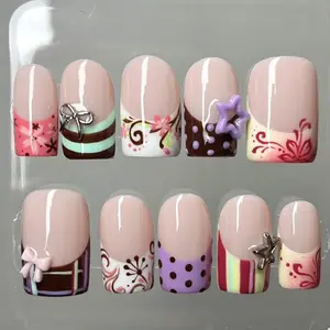 Handmade Retro Candy Press On Nails | Bows, Stars, Polka Dots & Floral Swirls | Short Square Nails For Cute Y2K Vibes