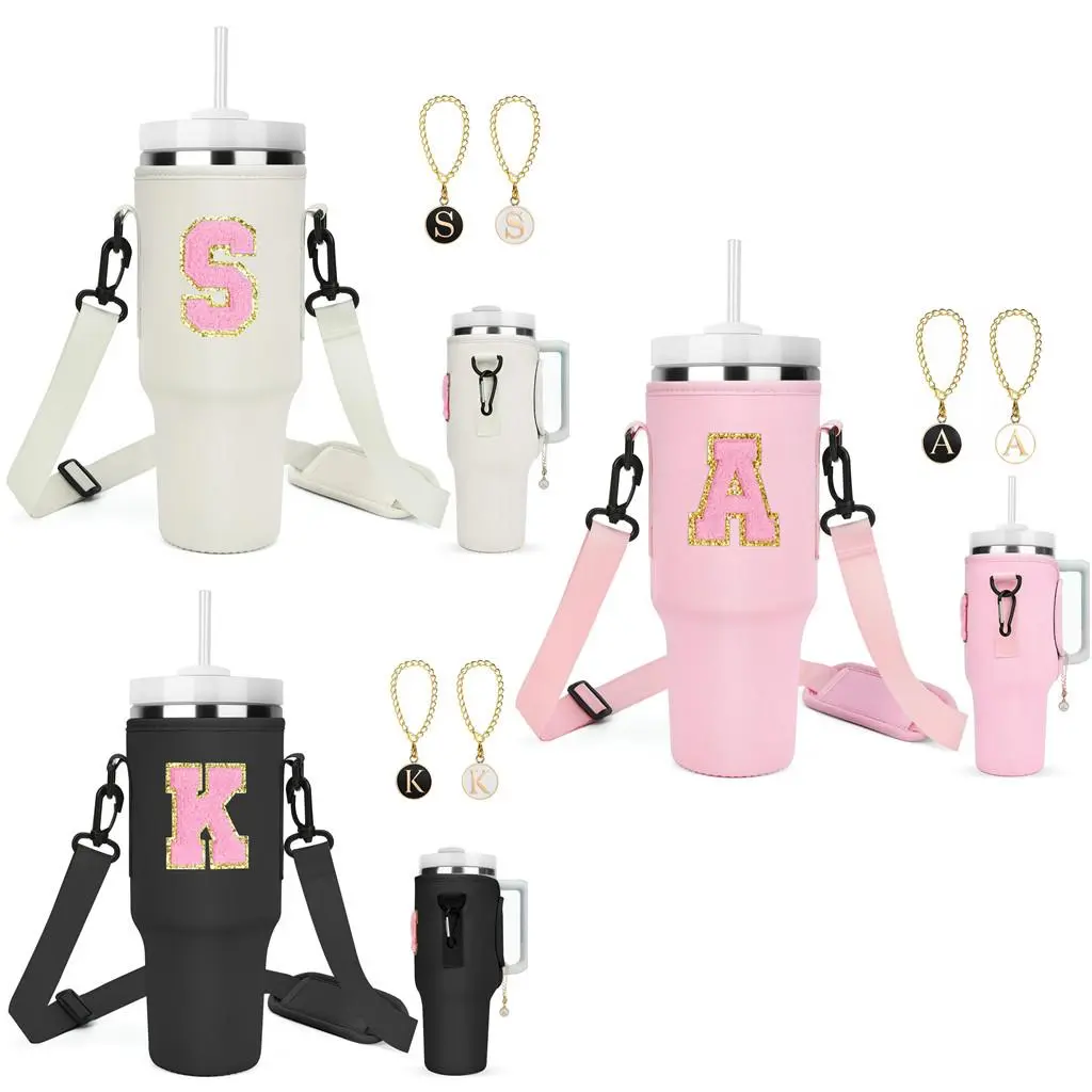 A-Z Water Bottle Holder Bag for Stanley 40oz Tumbler with 2 Letter Charm, 1Pcs Self-adhesive Chenille Letter, Initial Bottle Carrier with Strap for Stanley Cup Accessories Valentine's Day, Birthday, New Year, Christmas Holiday Gifts Drinkware Accessories