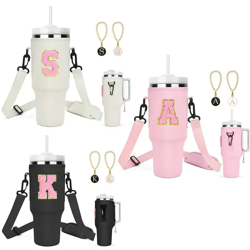 A-Z Water Bottle Holder Bag for Stanley 40oz Tumbler with 2 Letter Charm, 1Pcs Self-adhesive Chenille Letter, Initial Bottle Carrier with Strap for Stanley Cup Accessories Valentine's Day, Birthday, New Year, Christmas Holiday Gifts Drinkware Accessories