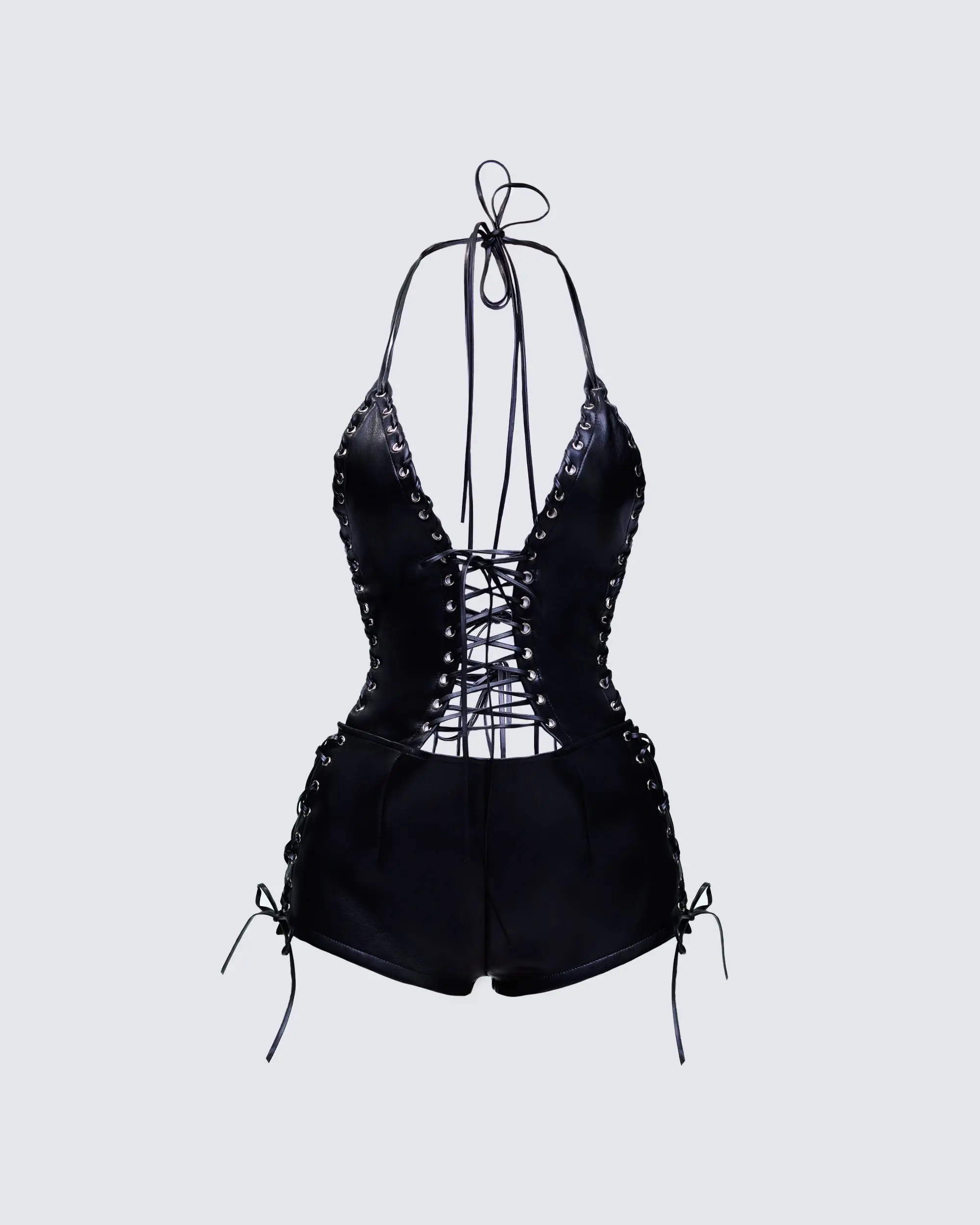 Solan Black Vegan Leather Lace Up Playsuit