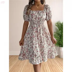 YehGoods 2026 Women's Ditsy Floral Print Shirred Ruffle Hem Dress, Boho Fashion Square Neck Puff Sleeve Knee Length Dress for Holiday Daily Wear, Dress for Summer graduation
