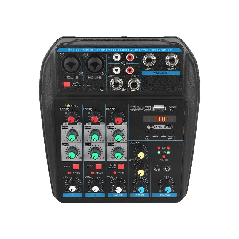 Mini DJ Mixer Sound Board — Portable 4-Channel Audio Mixer with Bluetooth & USB Sound Card, Plug-and-Play for Live Streaming, Podcast, Karaoke & Party | Compatible with PC/Phone/Tablet