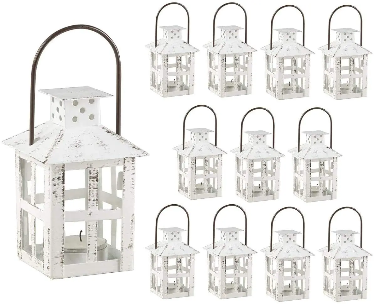 Kate Aspen Mini Decorative Lanterns - Set of 12 - Vintage Metal Lantern Candle Holders for Wedding Centerpiece, Home Decor and Party Favor (White)