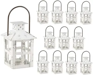 Kate Aspen Mini Decorative Lanterns - Set of 12 - Vintage Metal Lantern Candle Holders for Wedding Centerpiece, Home Decor and Party Favor (White)