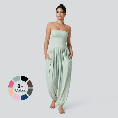 Halara Ribbed Tube Backless Plicated Side Pocket Casual Jumpsuit Overalls Elastane