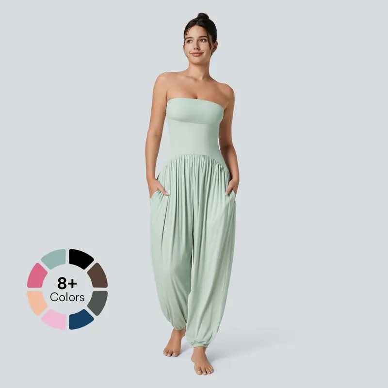 Halara Ribbed Tube Backless Plicated Side Pocket Casual Jumpsuit Overalls Elastane