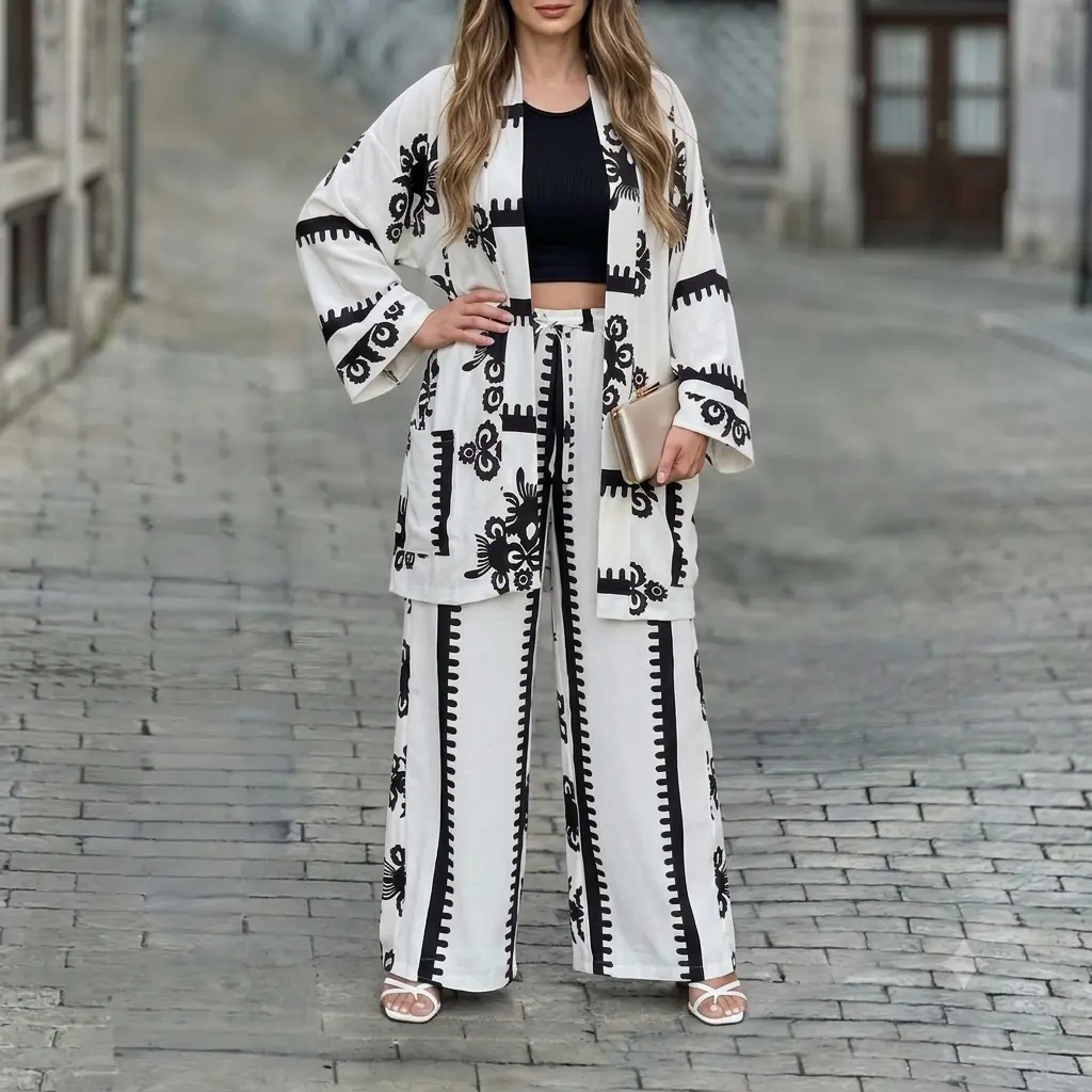 CHICME Women's 2 Pieces Outfit Open Front Long Sleeve Coat and Drawstring Elastic Waist Wide Leg Pants Set Casual Vintage Baroque Print Loose Fit Set without Tank Top