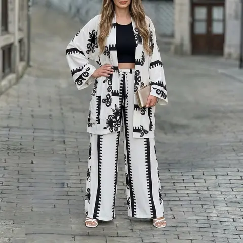 CHICME Women's 2 Pieces Outfit Open Front Long Sleeve Coat and Drawstring Elastic Waist Wide Leg Pants Set Casual Vintage Baroque Print Loose Fit Set without Tank Top