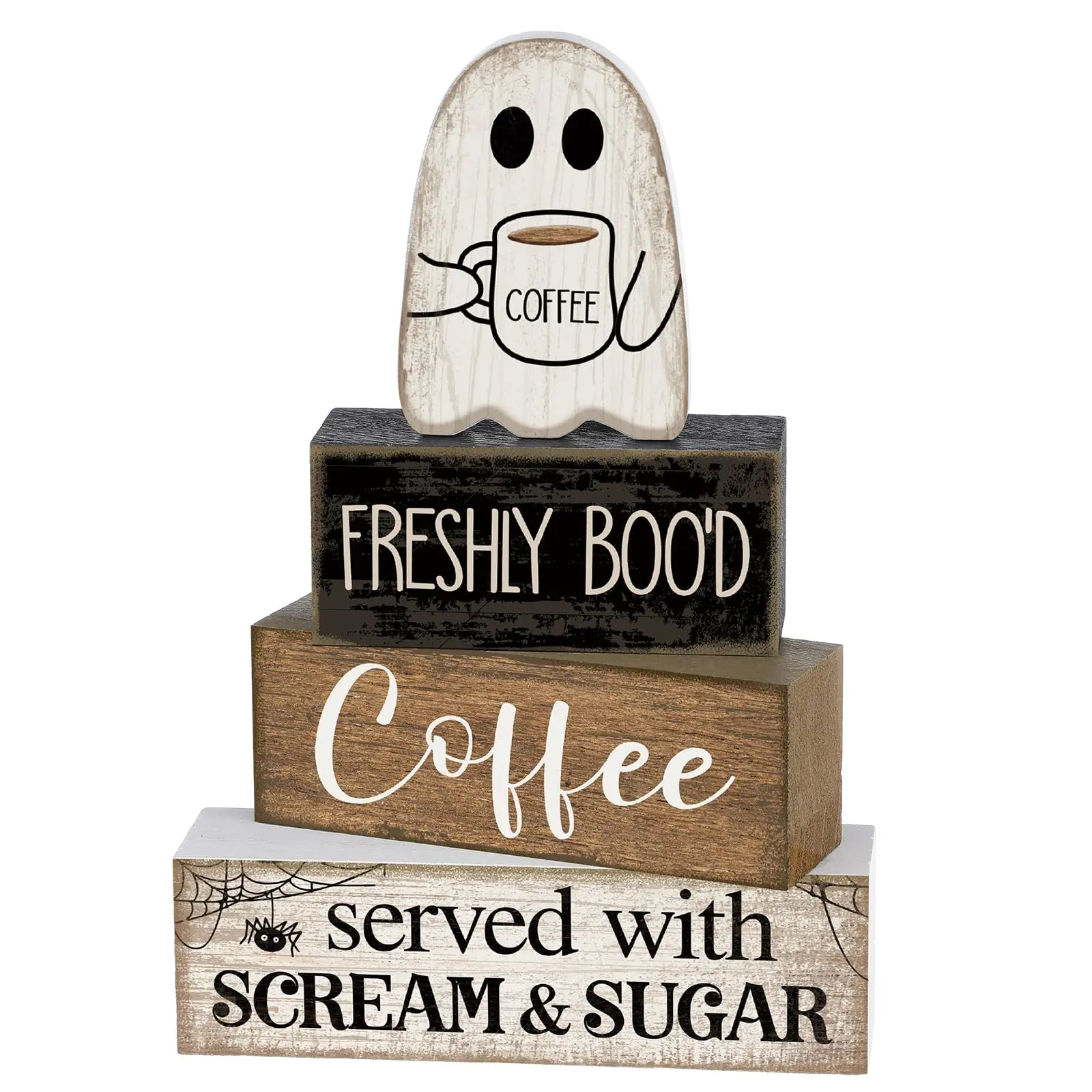 4-Piece Halloween Decorations Set - Contemporary Ghost-Shaped Centrepieces, Coffee Ghost Wooden Sign, Layered Tray, Coffee Bar Block Sign, Farmhouse Home Decor Items for Office, Kitchen Shelves Home Supplies, Novelty Ornaments Centrepieces