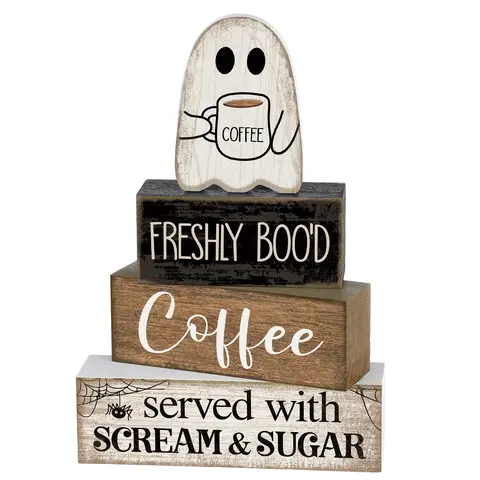 4-Piece Ghost-Themed Halloween Decorative Indoor Home Set - Creepy Cute Centrepiece, Coffee Ghost Wooden Sign, Layered Tray, Coffee Bar Block for Farmhouse Kitchen Dining Table, Signs