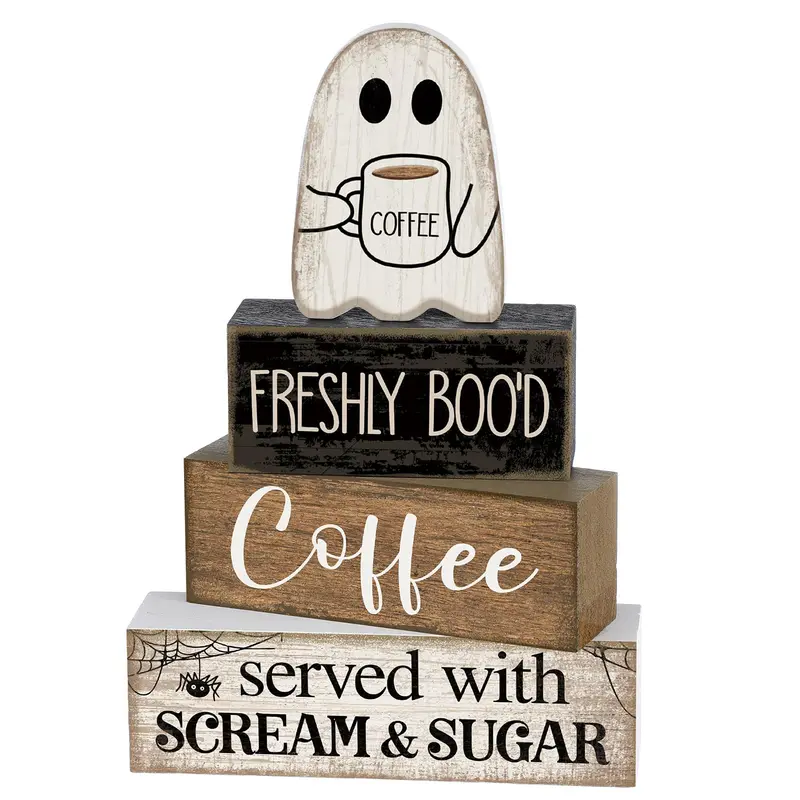 4-Piece Ghost-Themed Halloween Decorative Indoor Home Set - Creepy Cute Centrepiece, Coffee Ghost Wooden Sign, Layered Tray, Coffee Bar Block for Farmhouse Kitchen Dining Table, Signs