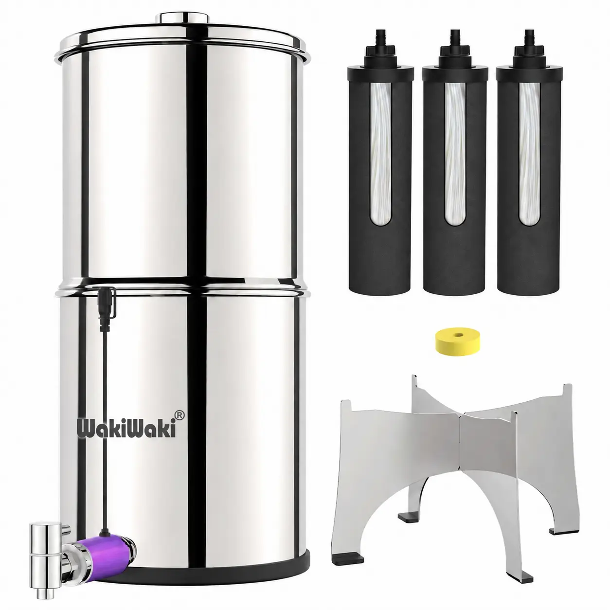 Wakiwaki/MS U3P UV Smart Water Purifier - 2.25 Gal Cap. 12V Input Stainless Steel Gravity-Fed Home Filtration System Tank with 3 Black Filters, Removes 99.5% Chlorine & 99.9999% Coliform