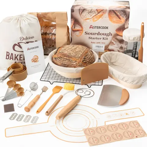 Astercook Rattan Weave All-in-1 Sourdough Banneton Proofing Basket Set - Beginner-Friendly Holiday Baking Kit with Dough Scrapers, Round Loaf Support, Divide & Shape Aid, Bakery-Style Rounds, Baking Accessories (Kitchen Bakeware Supplies)