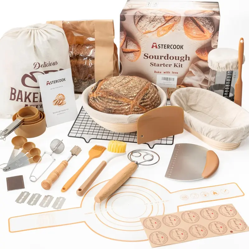 Astercook Rattan Weave All-in-1 Sourdough Banneton Proofing Basket Set - Beginner-Friendly Holiday Baking Kit with Dough Scrapers, Round Loaf Support, Divide & Shape Aid, Bakery-Style Rounds, Baking Accessories (Kitchen Bakeware Supplies)