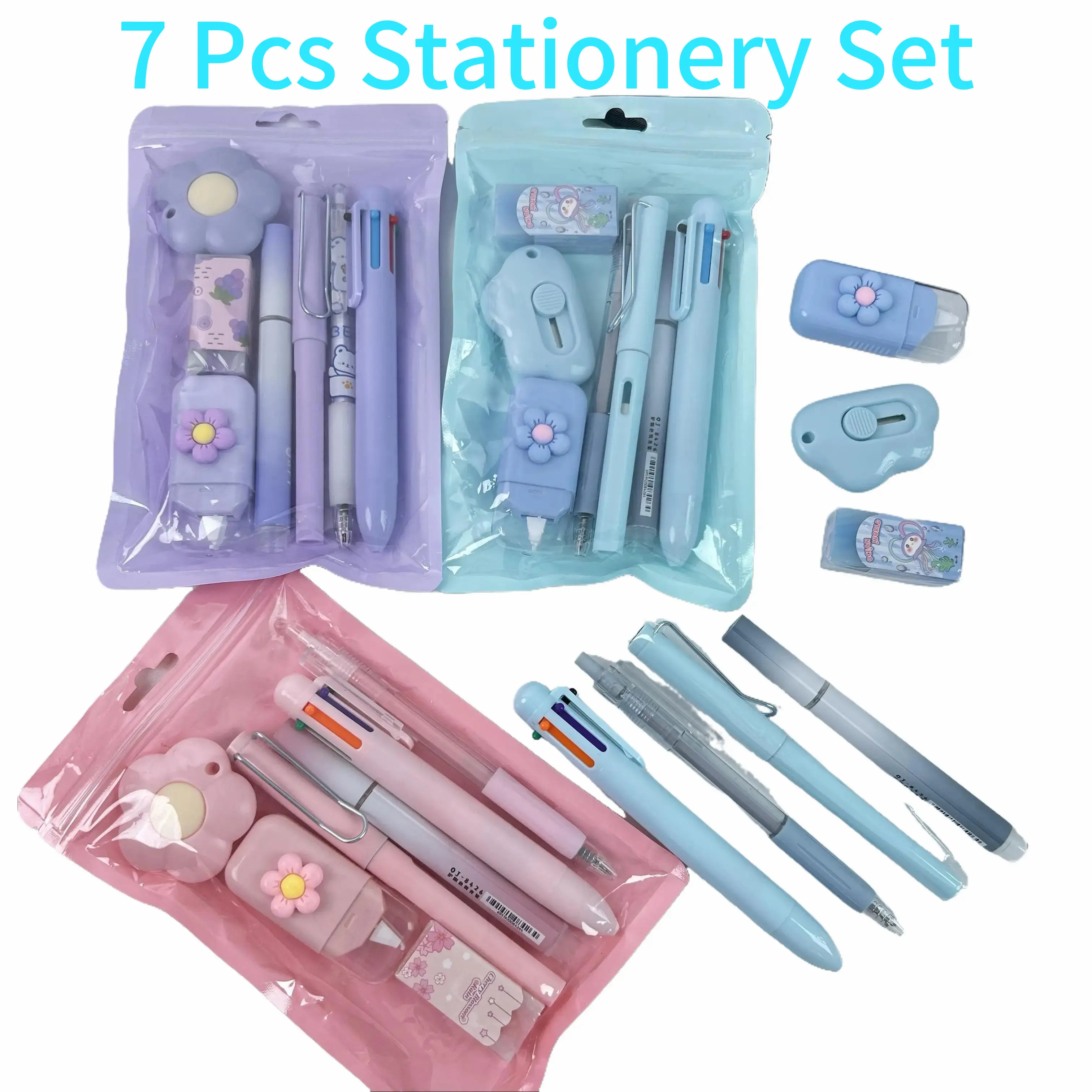 7 Pcs Kawaii Pastel Stationery Set - Cute Flower Design Kit with Multi-Color Pens, Eraser, Cutter | Cute School Supplies, Back to School Stuff, Birthday Gifts for 10–12 Girls for Students