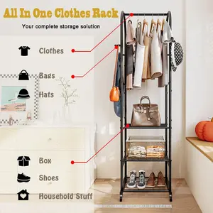 Clothes Rack With Wheels and 3-Tier Metal Shelves,Clothing Rack For Hanging Clothes With 4 Hooks,Garment Rack Wardrobe Organizer for Small Space