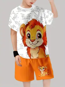 Boys Lion King Simba Cartoon Full-Print Top & Shorts Set, Casual Fitted, All Seasons Wear, Perfect for Outdoor Activities