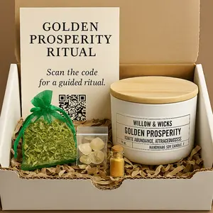 Willow & Wicks Golden Prosperity Ritual Kit – 8oz Soy Candle + Citrine Crystals + Herbs + Guided Manifestation