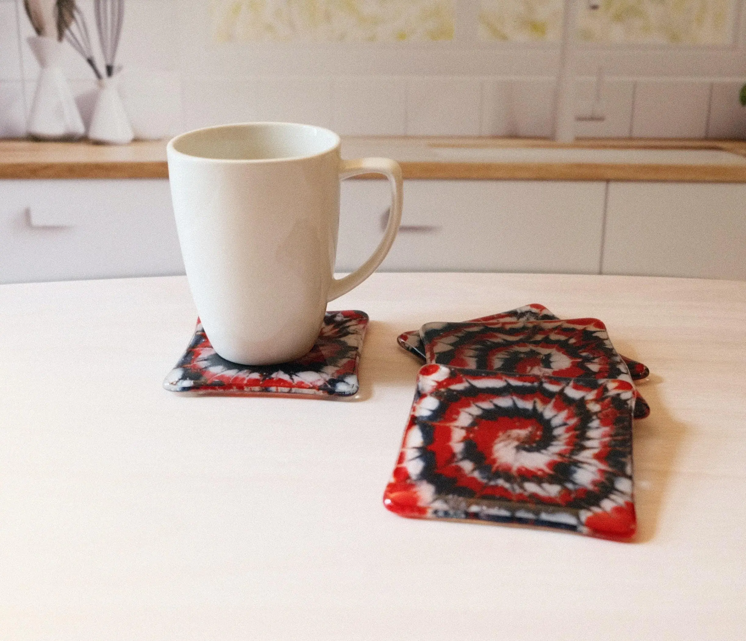 Red, Blue and white Tie Dye Look Fused Glass Drink Coasters patriotic and nautical Vibe, set of 4