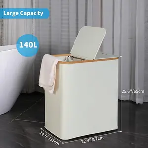 Laundry Hamper with Lid, Double Laundry Hamper with 2 Removable Bags, 2 Section Laundry Basket with Bamboo Handles for Bathroom, Bedroom & Laundry Room, 140L (36.9 Gallon) Beige