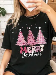 Christmas Theme Cartoon Print Women's T-Shirt, Round Neck Fitted Top, Short Sleeve Casual Wear, Fun Holiday Fashion