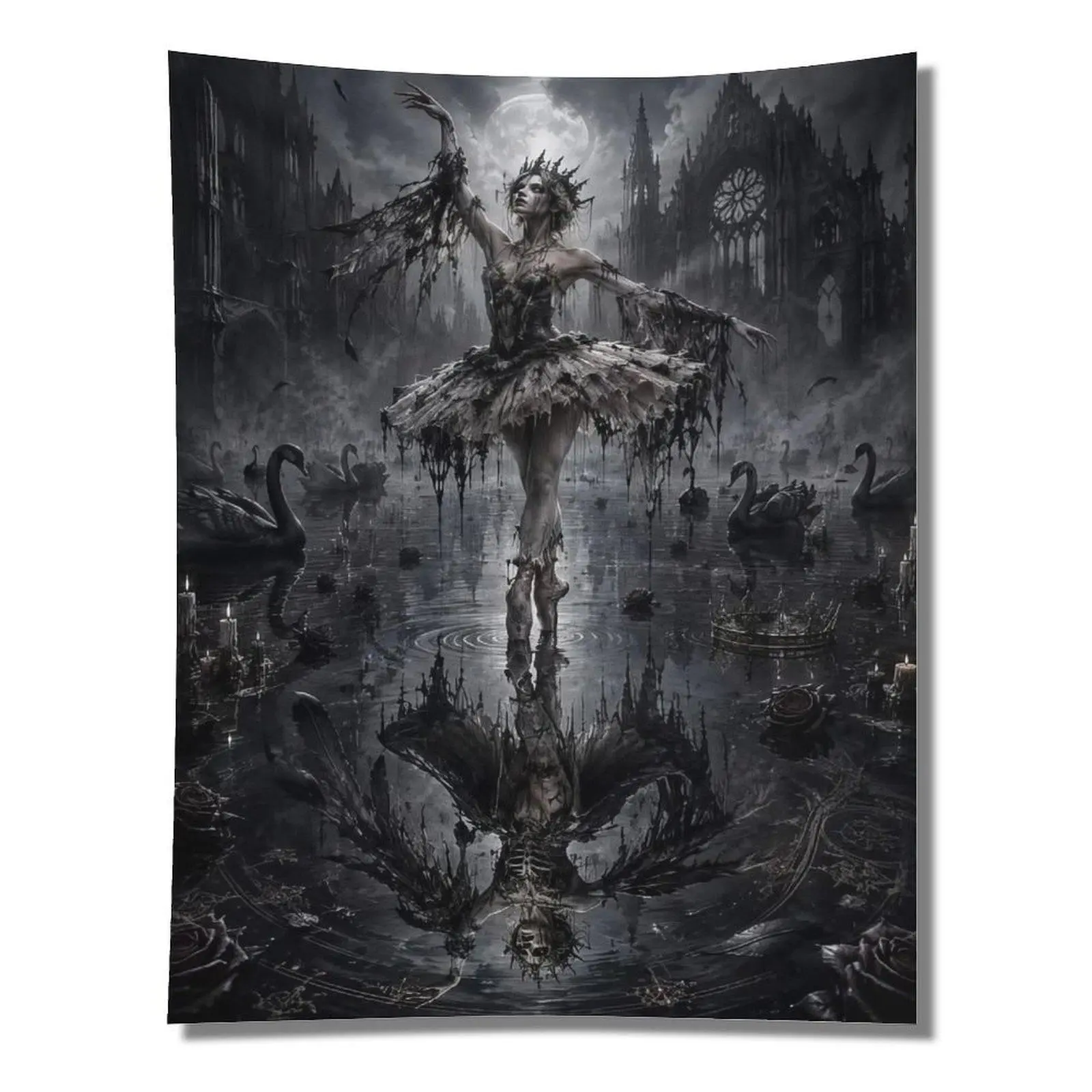 Dark Gothic Black Swan Ballerina Full Moon Castle Skeleton Reflection Wall Tapestry Wall Hanging, Spooky Dark Academia Witchy Wall Decor Backdrop