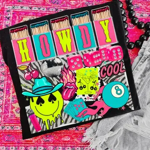 Howdy Cool Neon Collage shirt, vintage crewneck sweatshirts, western outfit women, cowgirl outfits, western clothing stuff tops, country concert outfits, western style clothes