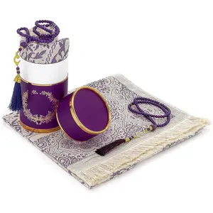 Janamaz Muslim Prayer Rug and Prayer Beads with Elegant Cylinder  Box, Purple Taffeta Fabric, Soft Islamic Prayer Rug,  Set