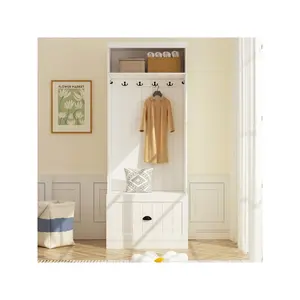 FUFU&GAGA 3 in 1 Entryway Hall Tree with Shoe Bench & Coat Rack, Large Storage Drawer, 4 Hooks, Upper Open Shelf, Modern Design, White MDF, Easy Assembly