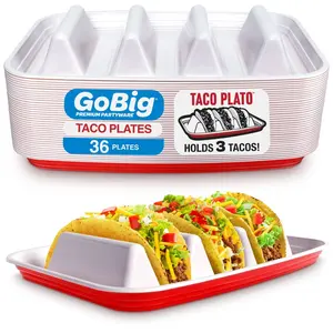 GoBig Taco Plates with Dividers – 36 Pack Disposable Red Party Cup Taco Plato Tray Holders for Party