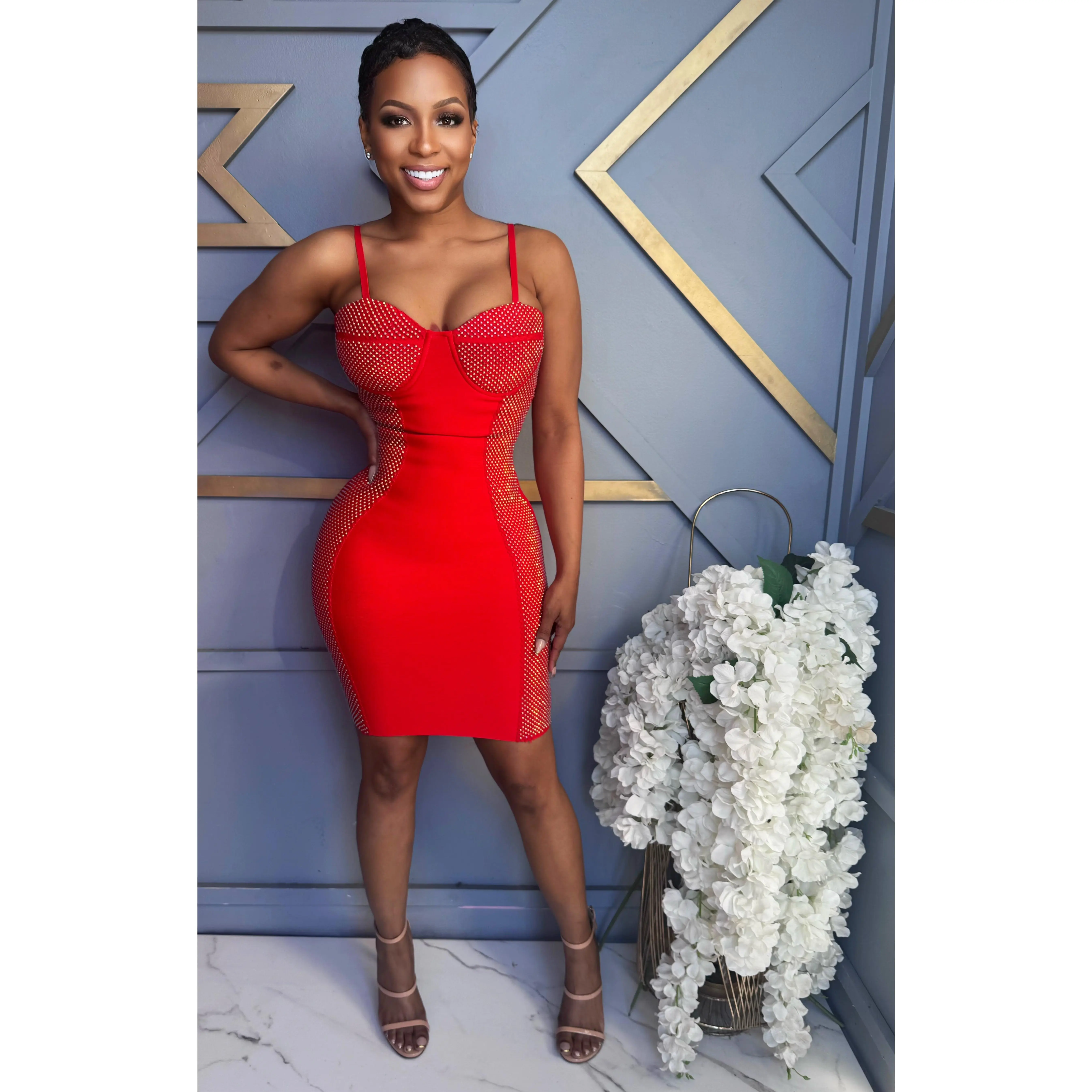 Red Diamond Hourglass Bodycon Midi Dress