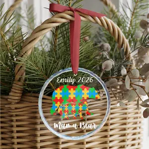[PLS NOTE CUSTOM] Personalized Autism Mama Bear Glass Ornament Custom Name Neurodiversity Awareness Gift Puzzle Piece Heart Decor Mother's Day Keepsake for Autism Mom Spirit Era Art